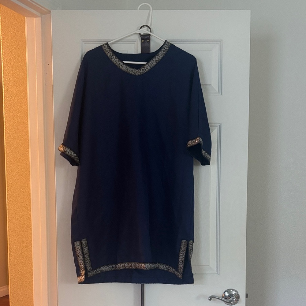 Men’s Halloween Costume: Gladiator-Navy Blue Tunic with Gold Accents